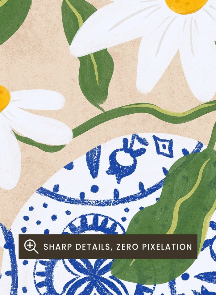 Decorative illustration of a blue and white teapot with daisies and birds on a beige background. Daisies In Blue Teapot by Dirkie Nell is a floral art print featuring white daisies, blue pottery, birds, and hand painted botanical details.