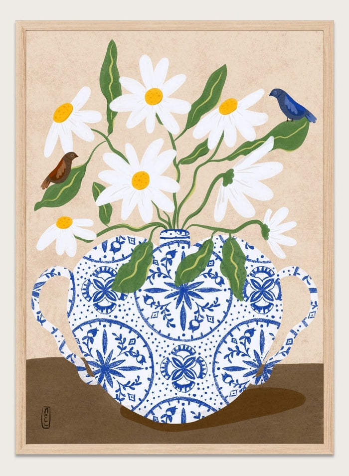 Decorative illustration of a blue and white teapot with daisies and birds on a beige background. Daisies In Blue Teapot by Dirkie Nell is a floral art print featuring white daisies, blue pottery, birds, and hand painted botanical details.