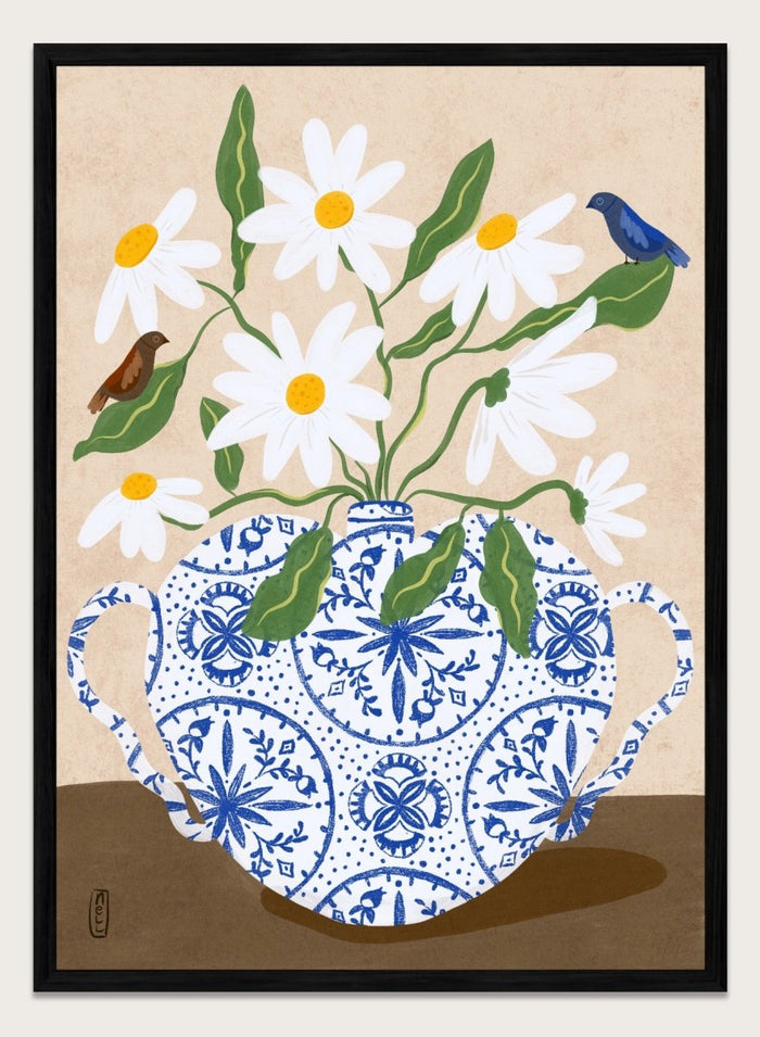 Decorative illustration of a blue and white teapot with daisies and birds on a beige background. Daisies In Blue Teapot by Dirkie Nell is a floral art print featuring white daisies, blue pottery, birds, and hand painted botanical details.