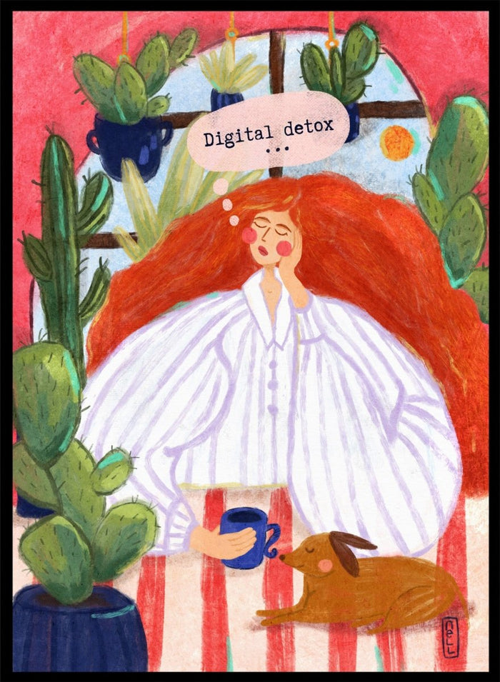 Illustration of a woman with red hair in a white shirt, sitting with a cup and a dog, surrounded by cacti with a 'Digital Detox' speech bubble. Digital Detox Morning by Dirkie Nell is a contemporary lifestyle art print featuring hand painted cacti, a sleepy dog, coffee, and colorful modern illustration details.