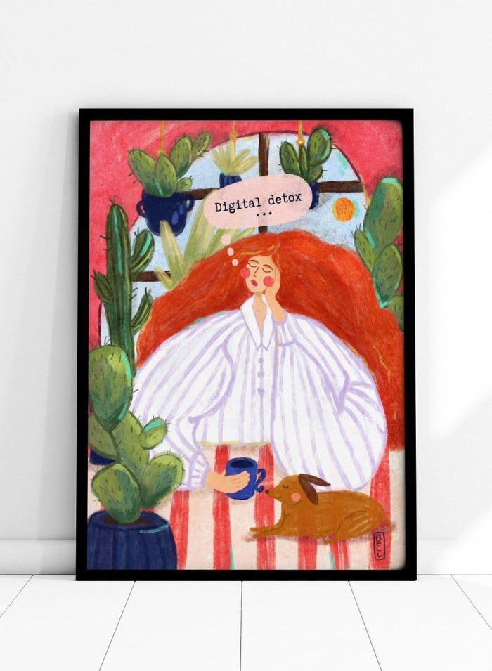 Illustration of a woman with red hair in a white shirt, sitting with a cup and a dog, surrounded by cacti with a 'Digital Detox' speech bubble. Digital Detox Morning by Dirkie Nell is a contemporary lifestyle art print featuring hand painted cacti, a sleepy dog, coffee, and colorful modern illustration details.