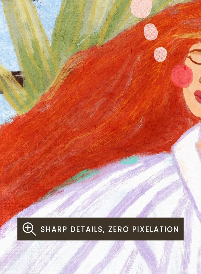 Illustration of a woman with red hair in a white shirt, sitting with a cup and a dog, surrounded by cacti with a 'Digital Detox' speech bubble. Digital Detox Morning by Dirkie Nell is a contemporary lifestyle art print featuring hand painted cacti, a sleepy dog, coffee, and colorful modern illustration details.