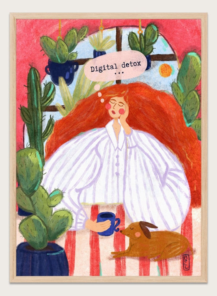 Illustration of a woman with red hair in a white shirt, sitting with a cup and a dog, surrounded by cacti with a 'Digital Detox' speech bubble. Digital Detox Morning by Dirkie Nell is a contemporary lifestyle art print featuring hand painted cacti, a sleepy dog, coffee, and colorful modern illustration details.
