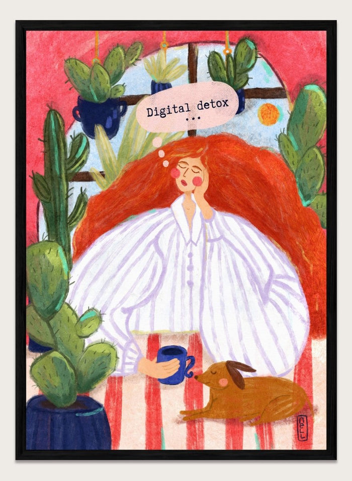 Illustration of a woman with red hair in a white shirt, sitting with a cup and a dog, surrounded by cacti with a 'Digital Detox' speech bubble. Digital Detox Morning by Dirkie Nell is a contemporary lifestyle art print featuring hand painted cacti, a sleepy dog, coffee, and colorful modern illustration details.