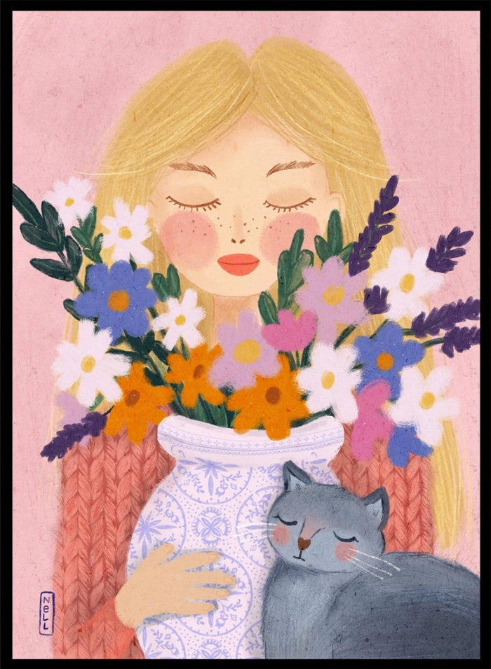 Illustration of a woman holding a vase of flowers and a cat on a pink background. Dreamy Girl Cat Flowers by Dirkie Nell is a colorful floral portrait art print featuring hand painted flowers, a sleepy cat, and soft contemporary illustration details.