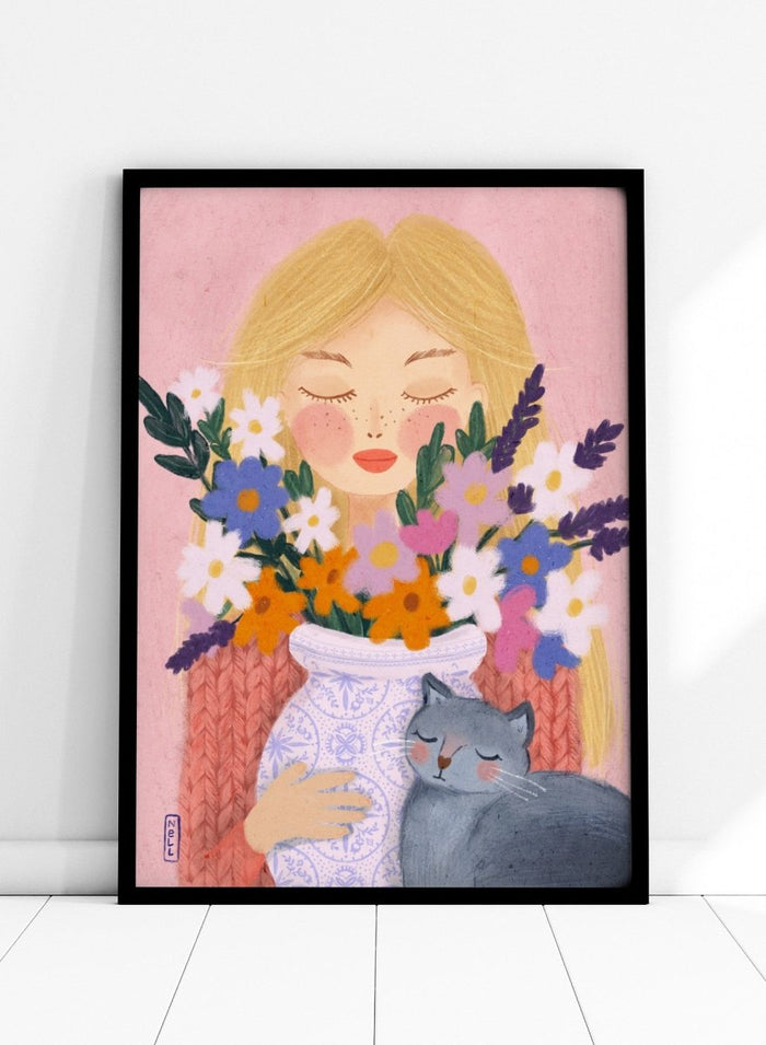 Illustration of a woman holding a vase of flowers and a cat on a pink background. Dreamy Girl Cat Flowers by Dirkie Nell is a colorful floral portrait art print featuring hand painted flowers, a sleepy cat, and soft contemporary illustration details.