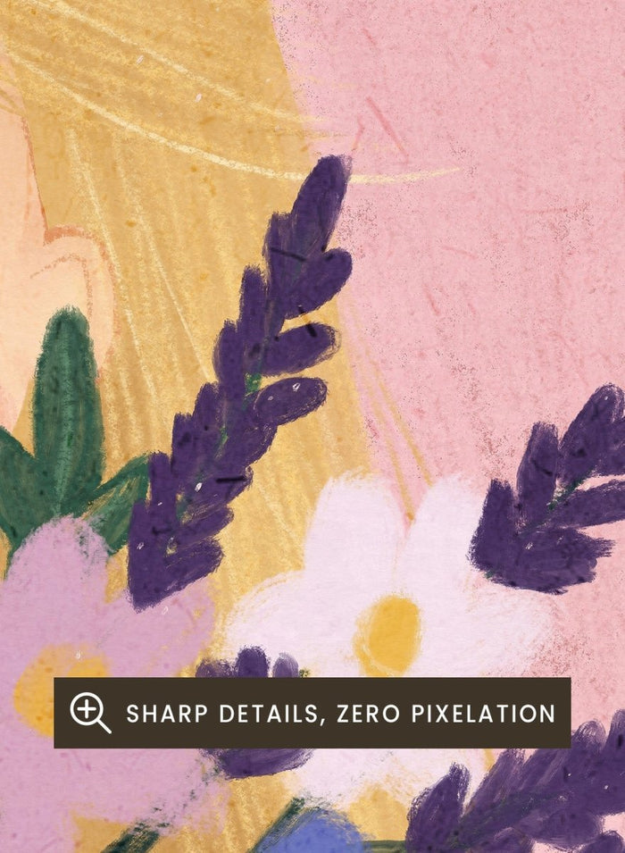 Illustration of a woman holding a vase of flowers and a cat on a pink background. Dreamy Girl Cat Flowers by Dirkie Nell is a colorful floral portrait art print featuring hand painted flowers, a sleepy cat, and soft contemporary illustration details.