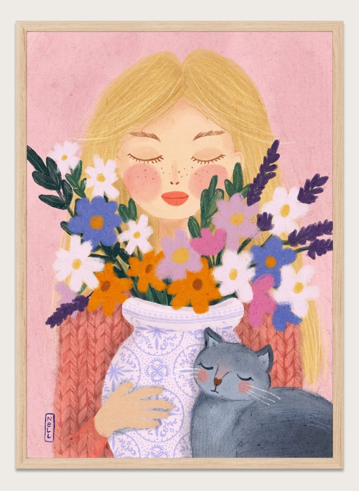Illustration of a woman holding a vase of flowers and a cat on a pink background. Dreamy Girl Cat Flowers by Dirkie Nell is a colorful floral portrait art print featuring hand painted flowers, a sleepy cat, and soft contemporary illustration details.