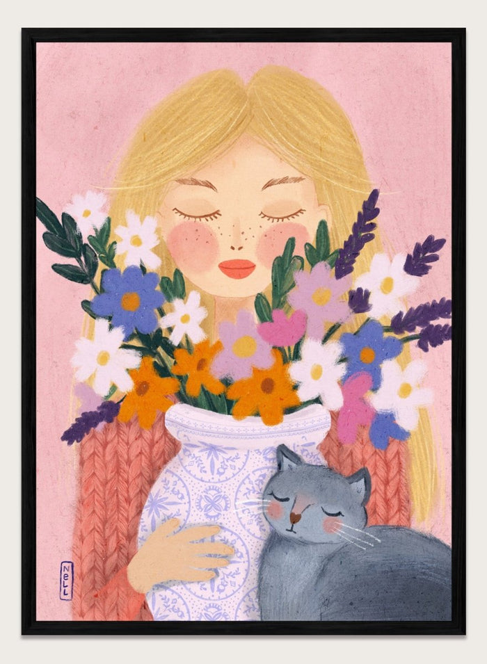 Illustration of a woman holding a vase of flowers and a cat on a pink background. Dreamy Girl Cat Flowers by Dirkie Nell is a colorful floral portrait art print featuring hand painted flowers, a sleepy cat, and soft contemporary illustration details.