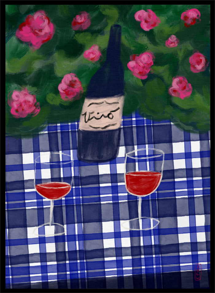 A painted still life scene featuring a dark wine bottle labeled 'vino' on a blue-and-white plaid tablecloth, with two glasses of red wine and pink flowers against a green background. Shop Garden Wine Picnic by Dirkie Nell, a colorful still life art print featuring red wine, blue gingham, pink roses, and a warm summer garden mood.