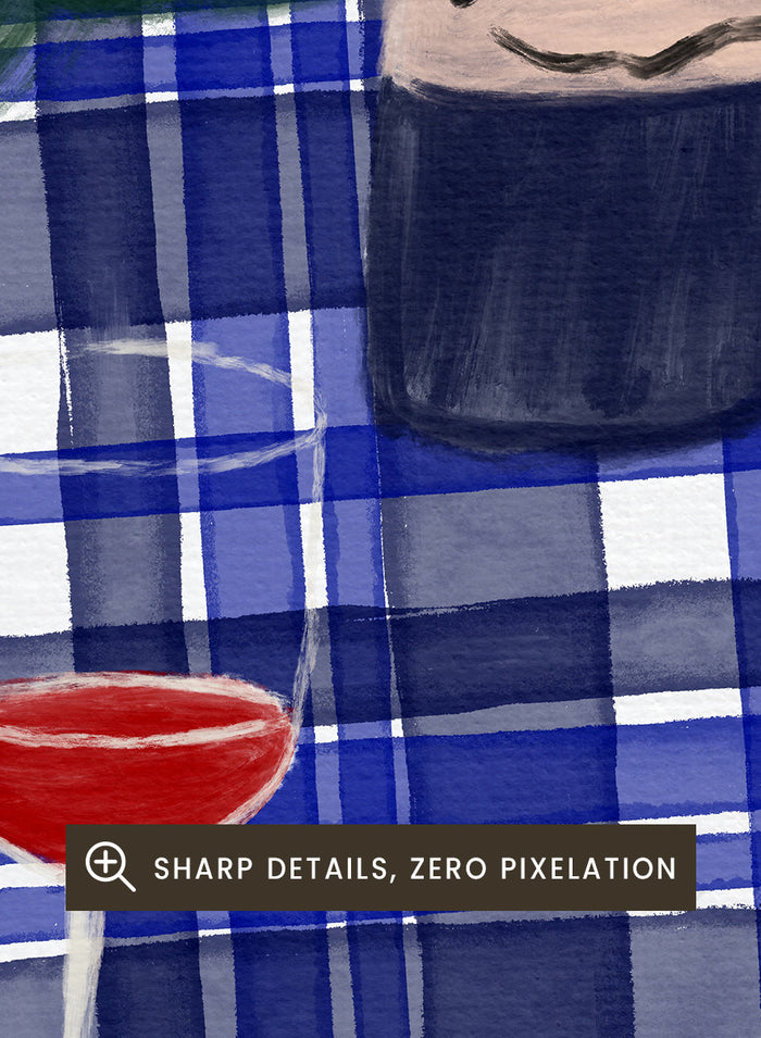 A painted still life scene featuring a dark wine bottle labeled 'vino' on a blue-and-white plaid tablecloth, with two glasses of red wine and pink flowers against a green background. Shop Garden Wine Picnic by Dirkie Nell, a colorful still life art print featuring red wine, blue gingham, pink roses, and a warm summer garden mood.