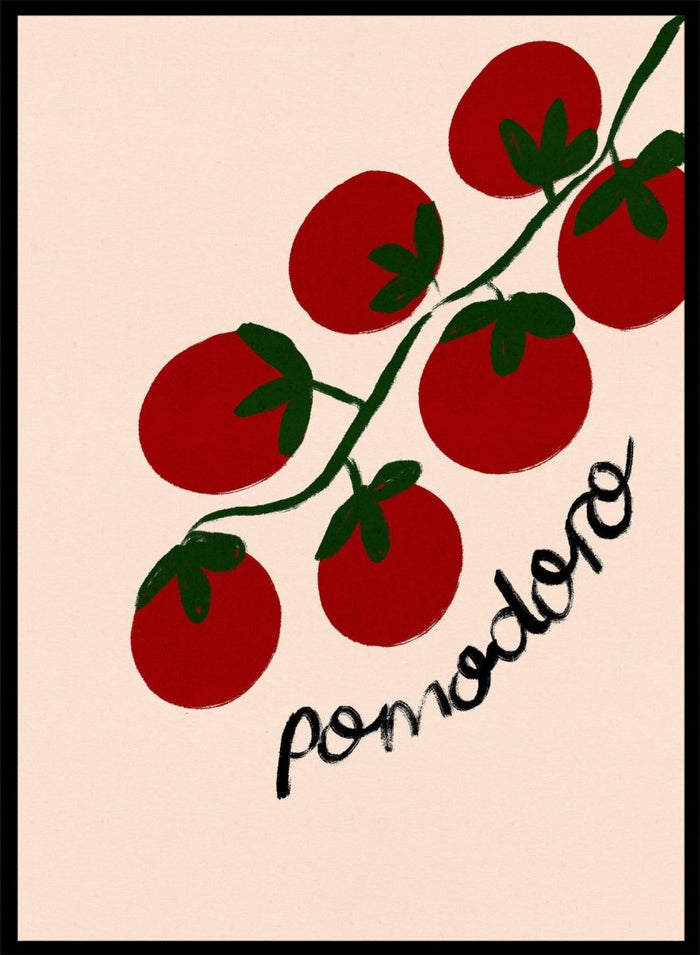 Illustration of red tomatoes on a branch with ' pomodoro' text on a beige background. Italian Pomodoro Tomatoes by Dirkie Nell is a contemporary food art print featuring hand painted red tomatoes, playful typography, and colorful Mediterranean inspired style.