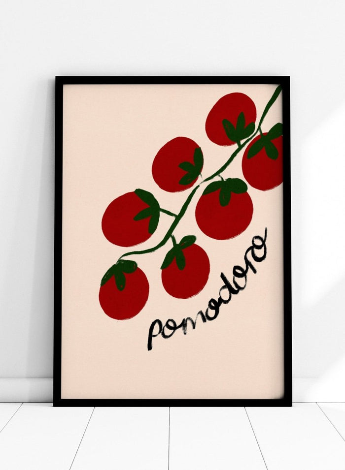 Illustration of red tomatoes on a branch with ' pomodoro' text on a beige background. Italian Pomodoro Tomatoes by Dirkie Nell is a contemporary food art print featuring hand painted red tomatoes, playful typography, and colorful Mediterranean inspired style.