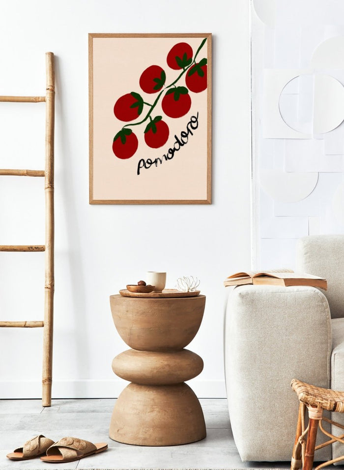 Illustration of red tomatoes on a branch with ' pomodoro' text on a beige background. Italian Pomodoro Tomatoes by Dirkie Nell is a contemporary food art print featuring hand painted red tomatoes, playful typography, and colorful Mediterranean inspired style.