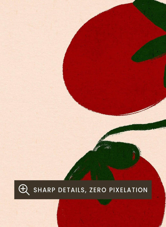 Illustration of red tomatoes on a branch with ' pomodoro' text on a beige background. Italian Pomodoro Tomatoes by Dirkie Nell is a contemporary food art print featuring hand painted red tomatoes, playful typography, and colorful Mediterranean inspired style.