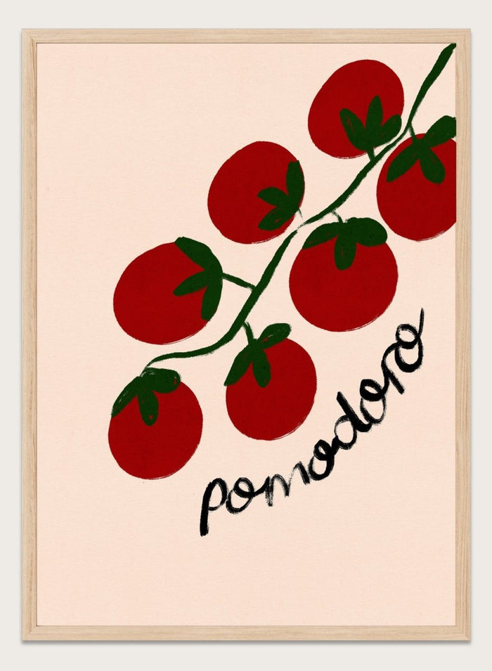 Illustration of red tomatoes on a branch with ' pomodoro' text on a beige background. Italian Pomodoro Tomatoes by Dirkie Nell is a contemporary food art print featuring hand painted red tomatoes, playful typography, and colorful Mediterranean inspired style.