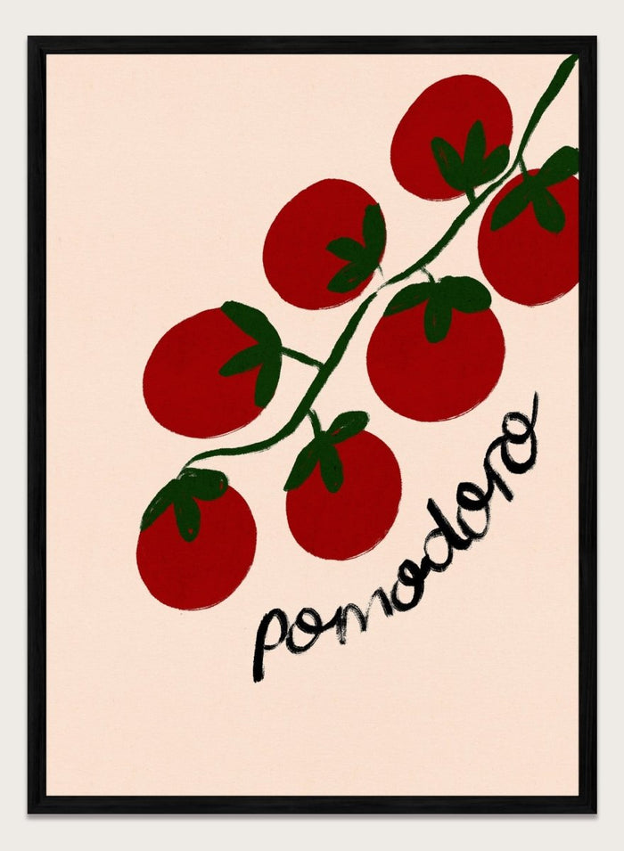 Illustration of red tomatoes on a branch with ' pomodoro' text on a beige background. Italian Pomodoro Tomatoes by Dirkie Nell is a contemporary food art print featuring hand painted red tomatoes, playful typography, and colorful Mediterranean inspired style.