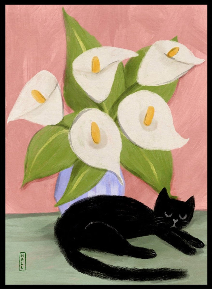 Black cat lying on a surface with white flowers in a blue vase against a pink background. Lilies In a Vase and a Black Cat by Dirkie Nell is a contemporary floral cat art print featuring hand painted lilies, soft pink tones, and playful still life illustration.