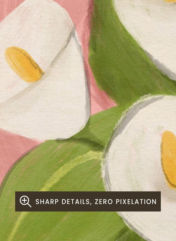Black cat lying on a surface with white flowers in a blue vase against a pink background. Lilies In a Vase and a Black Cat by Dirkie Nell is a contemporary floral cat art print featuring hand painted lilies, soft pink tones, and playful still life illustration.