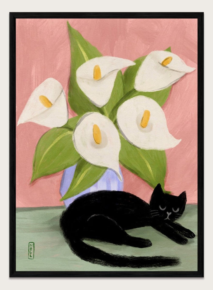 Black cat lying on a surface with white flowers in a blue vase against a pink background. Lilies In a Vase and a Black Cat by Dirkie Nell is a contemporary floral cat art print featuring hand painted lilies, soft pink tones, and playful still life illustration.