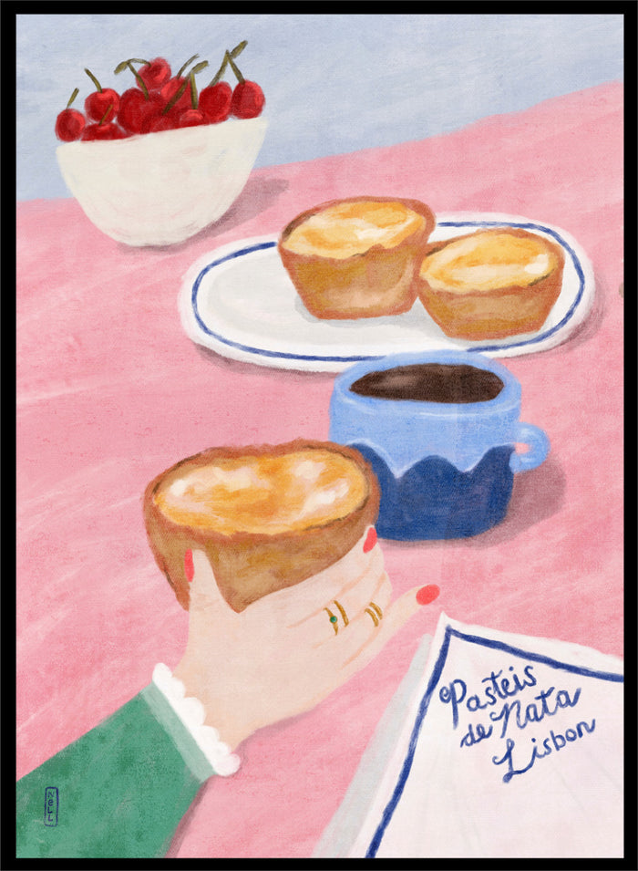 A stylized illustrated scene showing a hand holding a pastry, with two pastries on a plate, a cup of coffee, a bowl of cherries, and a napkin reading 'Pastéis de Nata Lisboa' on a pink tabletop. Shop Lisbon Custard Tarts by Dirkie Nell, a colorful food and travel art print featuring pastéis de nata, coffee, cherries, and a pink café table.