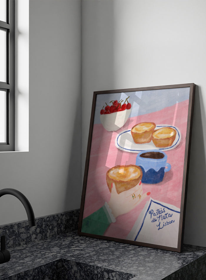 A stylized illustrated scene showing a hand holding a pastry, with two pastries on a plate, a cup of coffee, a bowl of cherries, and a napkin reading 'Pastéis de Nata Lisboa' on a pink tabletop. Shop Lisbon Custard Tarts by Dirkie Nell, a colorful food and travel art print featuring pastéis de nata, coffee, cherries, and a pink café table.
