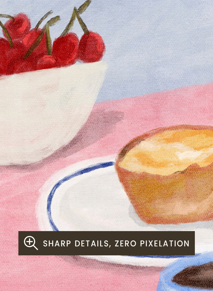 A stylized illustrated scene showing a hand holding a pastry, with two pastries on a plate, a cup of coffee, a bowl of cherries, and a napkin reading 'Pastéis de Nata Lisboa' on a pink tabletop. Shop Lisbon Custard Tarts by Dirkie Nell, a colorful food and travel art print featuring pastéis de nata, coffee, cherries, and a pink café table.