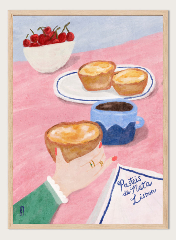 A stylized illustrated scene showing a hand holding a pastry, with two pastries on a plate, a cup of coffee, a bowl of cherries, and a napkin reading 'Pastéis de Nata Lisboa' on a pink tabletop. Shop Lisbon Custard Tarts by Dirkie Nell, a colorful food and travel art print featuring pastéis de nata, coffee, cherries, and a pink café table.