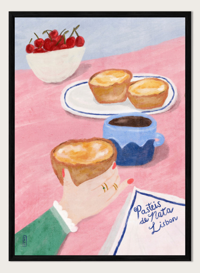 A stylized illustrated scene showing a hand holding a pastry, with two pastries on a plate, a cup of coffee, a bowl of cherries, and a napkin reading 'Pastéis de Nata Lisboa' on a pink tabletop. Shop Lisbon Custard Tarts by Dirkie Nell, a colorful food and travel art print featuring pastéis de nata, coffee, cherries, and a pink café table.