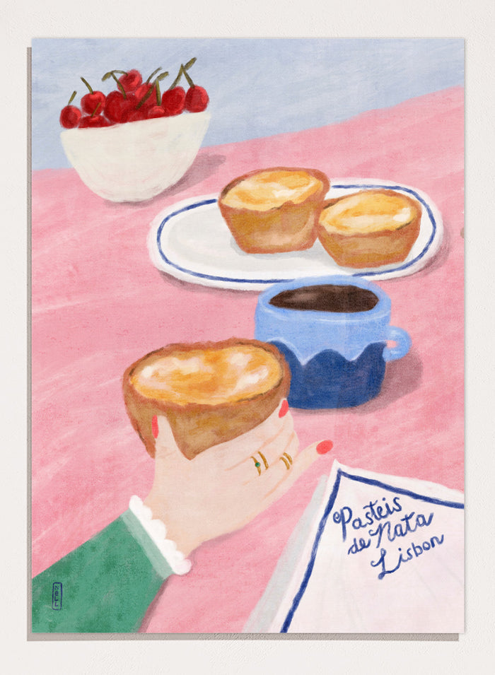 A stylized illustrated scene showing a hand holding a pastry, with two pastries on a plate, a cup of coffee, a bowl of cherries, and a napkin reading 'Pastéis de Nata Lisboa' on a pink tabletop. Shop Lisbon Custard Tarts by Dirkie Nell, a colorful food and travel art print featuring pastéis de nata, coffee, cherries, and a pink café table.