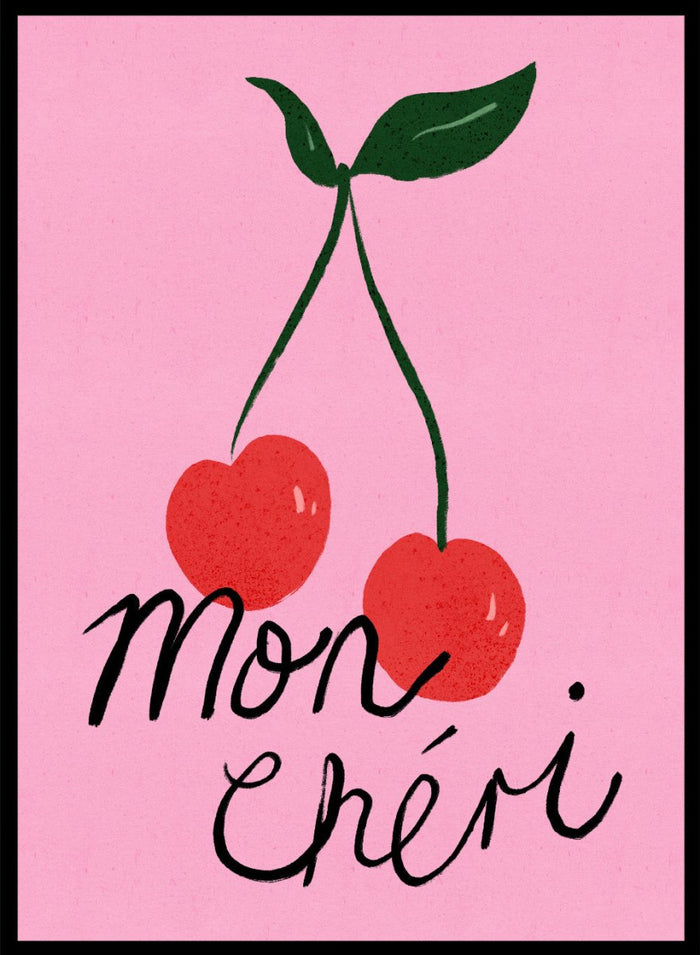 Two red cherries with green stems on a pink background and 'mon chéri' text. Mon Chéri by Dirkie Nell is a cherry typography art print featuring bold red fruit and playful lettering. A colorful love-inspired wall poster.