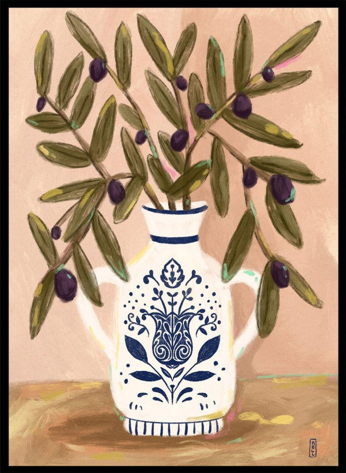 Olive Branches In a Pot by Dirkie Nell is a modern botanical art print featuring olive branches, ceramic vase illustration, and Mediterranean inspired wall art.