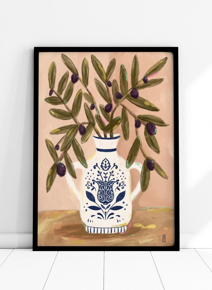 Olive Branches In a Pot by Dirkie Nell is a modern botanical art print featuring olive branches, ceramic vase illustration, and Mediterranean inspired wall art.