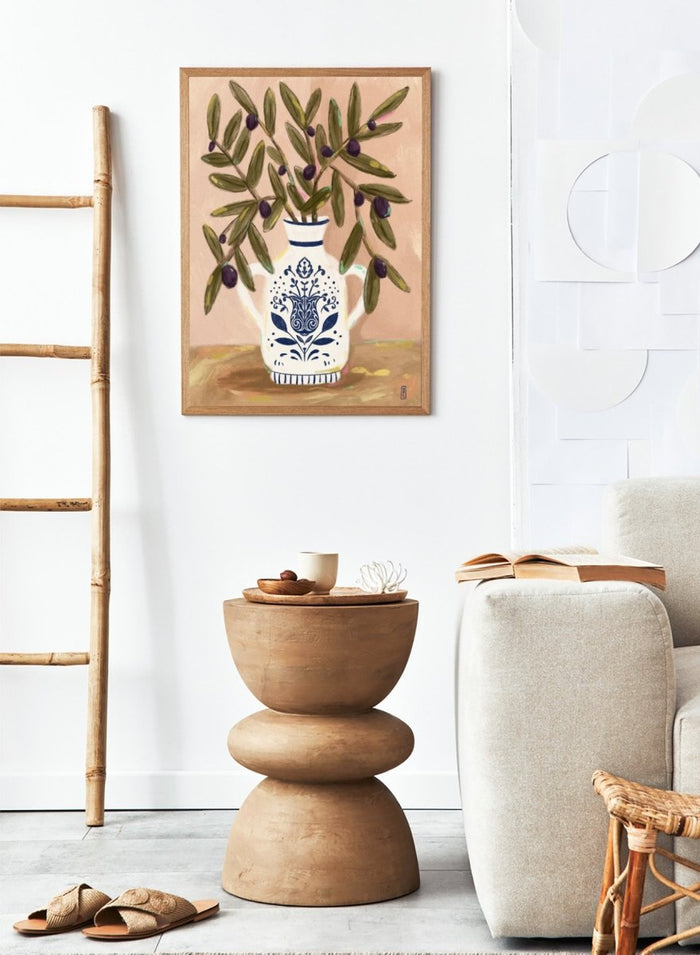 Olive Branches In a Pot by Dirkie Nell is a modern botanical art print featuring olive branches, ceramic vase illustration, and Mediterranean inspired wall art.