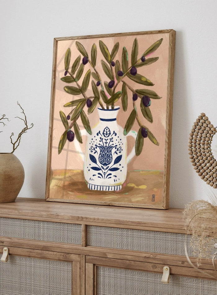 Olive Branches In a Pot by Dirkie Nell is a modern botanical art print featuring olive branches, ceramic vase illustration, and Mediterranean inspired wall art.