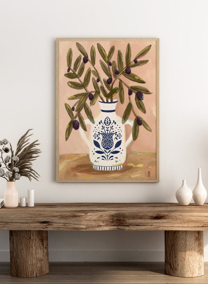 Olive Branches In a Pot by Dirkie Nell is a modern botanical art print featuring olive branches, ceramic vase illustration, and Mediterranean inspired wall art.