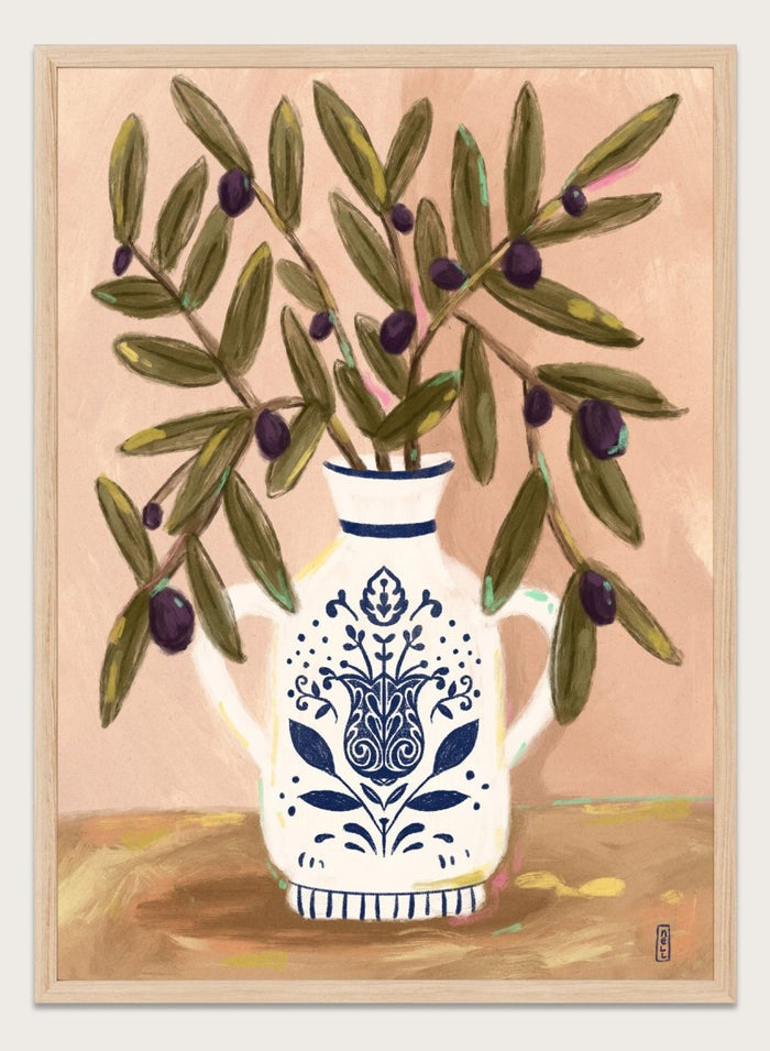 Olive Branches In a Pot by Dirkie Nell is a modern botanical art print featuring olive branches, ceramic vase illustration, and Mediterranean inspired wall art.