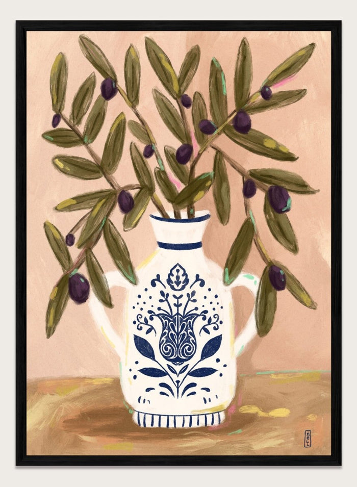 Olive Branches In a Pot by Dirkie Nell is a modern botanical art print featuring olive branches, ceramic vase illustration, and Mediterranean inspired wall art.