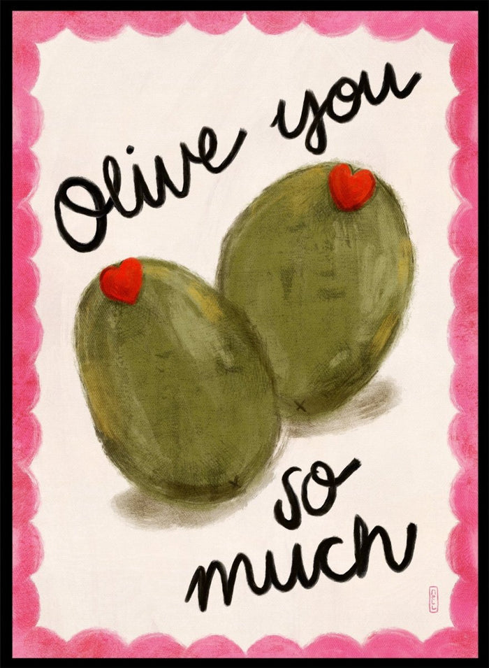 Two olives with red hearts and text 'Olive you so much' on a pink and white background. Olive You So Much by Dirkie Nell is a playful food art print featuring hand painted olives, pink accents, handwritten typography, and whimsical kitchen art details.