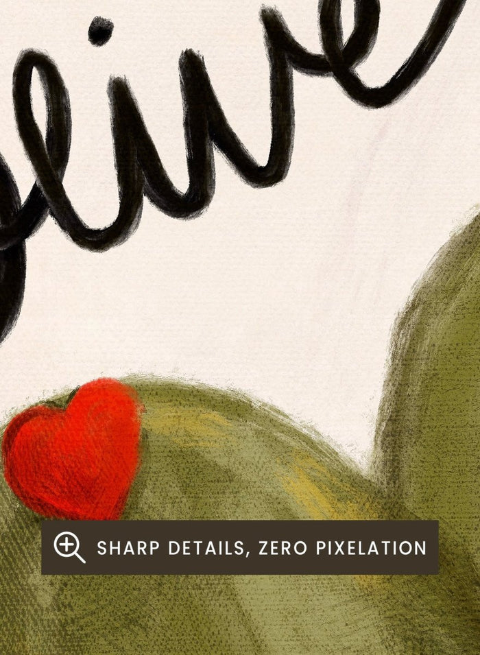 Two olives with red hearts and text 'Olive you so much' on a pink and white background. Olive You So Much by Dirkie Nell is a playful food art print featuring hand painted olives, pink accents, handwritten typography, and whimsical kitchen art details.