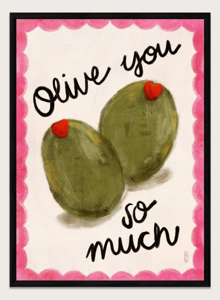 Two olives with red hearts and text 'Olive you so much' on a pink and white background. Olive You So Much by Dirkie Nell is a playful food art print featuring hand painted olives, pink accents, handwritten typography, and whimsical kitchen art details.