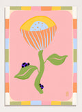 A stylized art print featuring a large flower with a yellow and orange striped bloom, green stem and leaves, and two ladybugs on a pink background with a multicolor border. Shop Pastel Flower Ladybugs by Dirkie Nell, a playful floral and insect art print featuring an oversized pastel flower, purple ladybugs, and a colorful retro border.