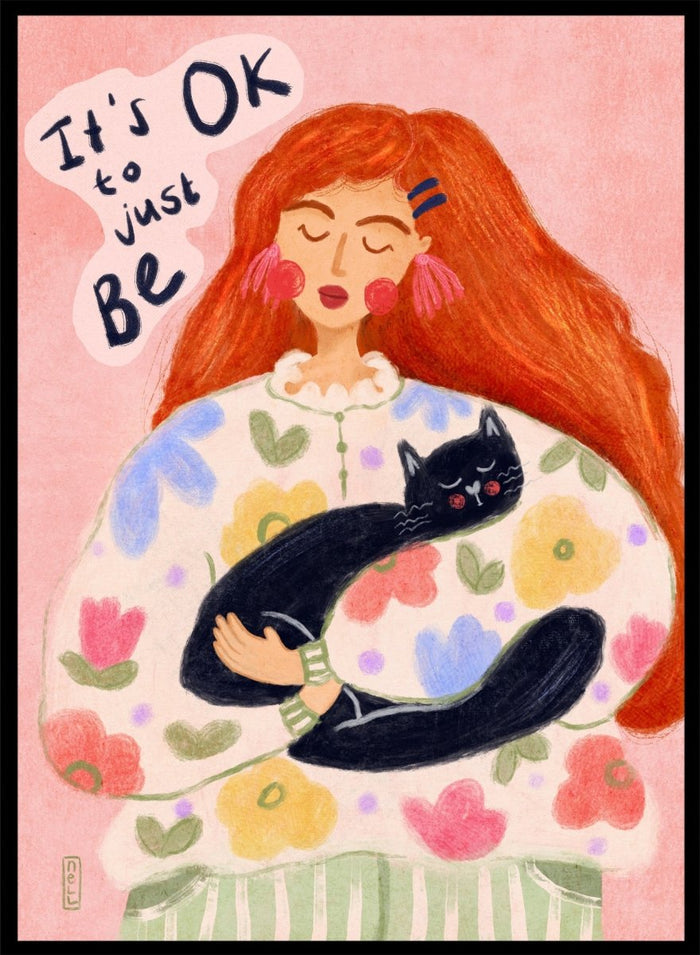 Peaceful Cat Cuddles by Dirkie Nell is a colorful cat art print featuring floral illustration, cozy pastel tones, whimsical wall art, and expressive hand painted details.