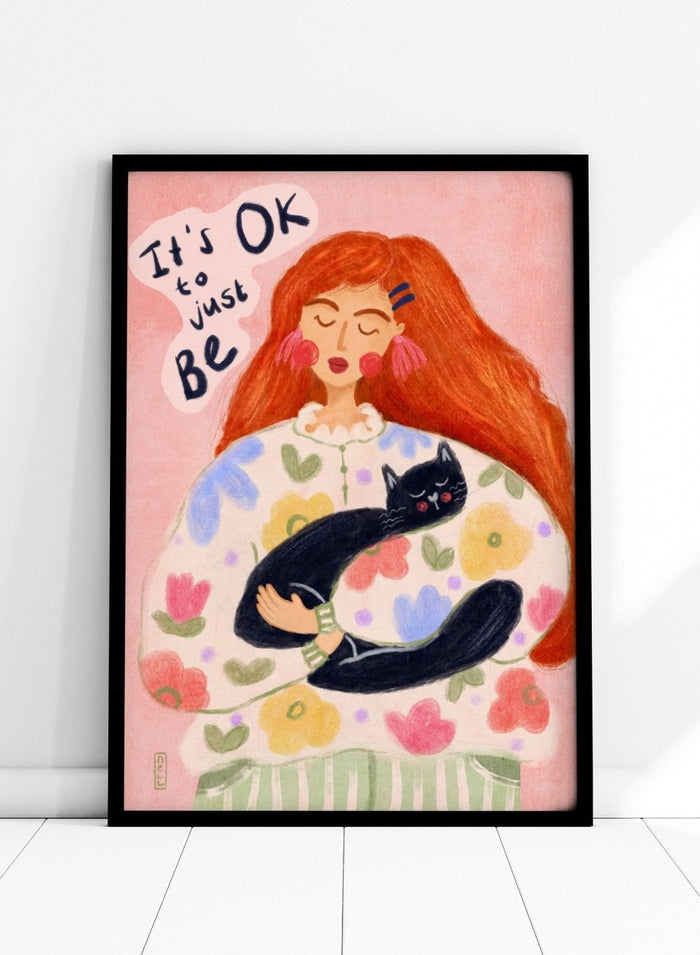 Peaceful Cat Cuddles by Dirkie Nell is a colorful cat art print featuring floral illustration, cozy pastel tones, whimsical wall art, and expressive hand painted details.