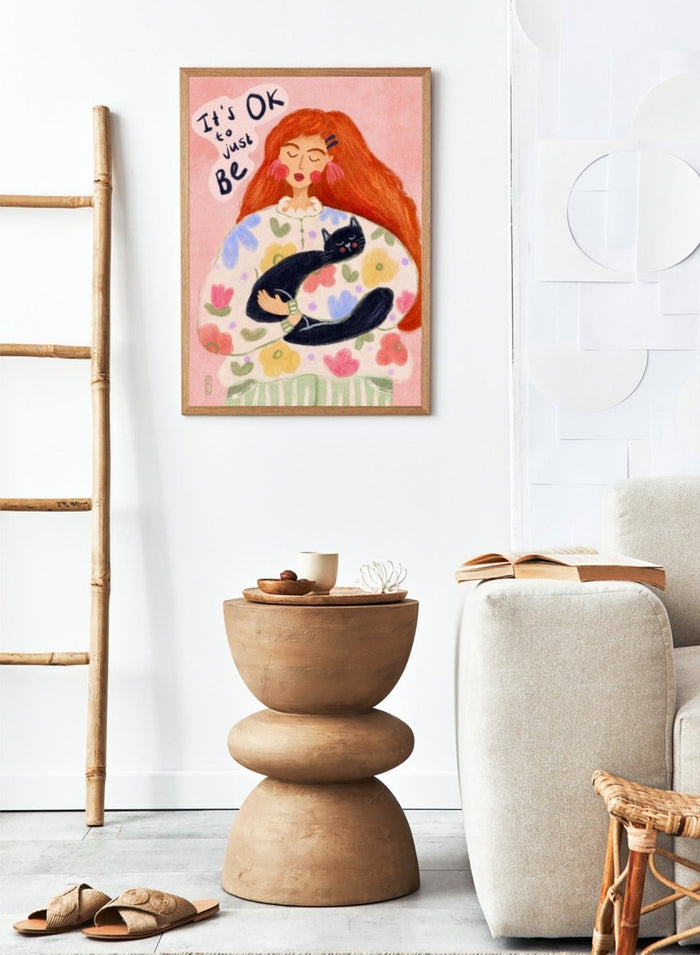 Peaceful Cat Cuddles by Dirkie Nell is a colorful cat art print featuring floral illustration, cozy pastel tones, whimsical wall art, and expressive hand painted details.