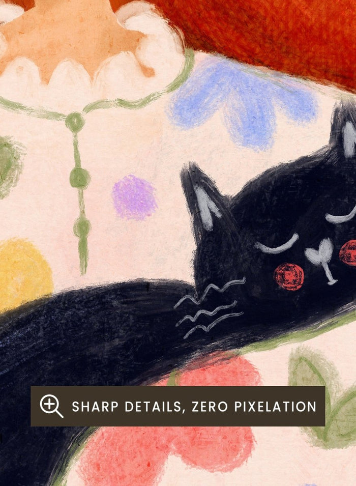 Peaceful Cat Cuddles by Dirkie Nell is a colorful cat art print featuring floral illustration, cozy pastel tones, whimsical wall art, and expressive hand painted details.