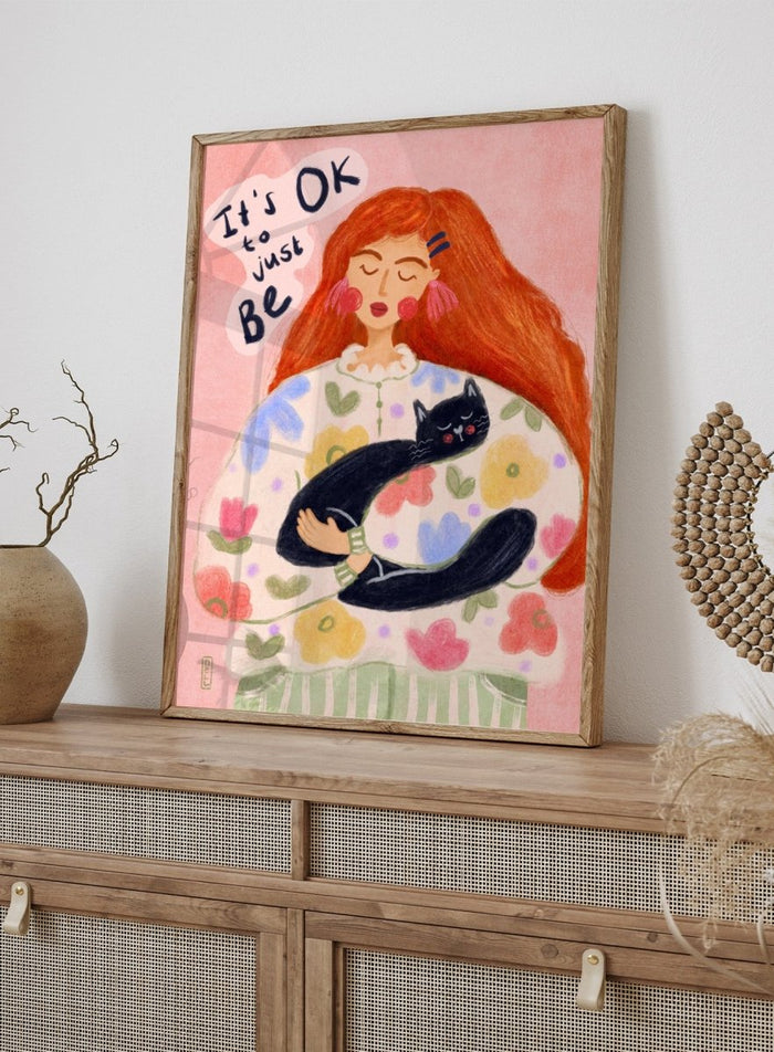Peaceful Cat Cuddles by Dirkie Nell is a colorful cat art print featuring floral illustration, cozy pastel tones, whimsical wall art, and expressive hand painted details.