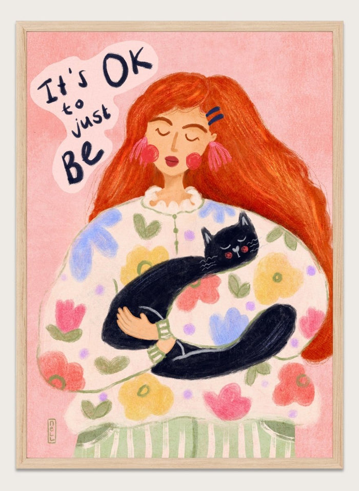 Peaceful Cat Cuddles by Dirkie Nell is a colorful cat art print featuring floral illustration, cozy pastel tones, whimsical wall art, and expressive hand painted details.