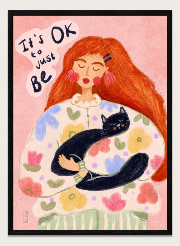 Peaceful Cat Cuddles by Dirkie Nell is a colorful cat art print featuring floral illustration, cozy pastel tones, whimsical wall art, and expressive hand painted details.