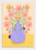 A stylized floral art print showing pink flowers with orange centers and green stems arranged in a light purple vase on a pale yellow surface. Shop Pink Flowers Ladybugs by Dirkie Nell, a colorful floral art print featuring pink flowers, a lavender vase, green stems, and playful ladybugs.